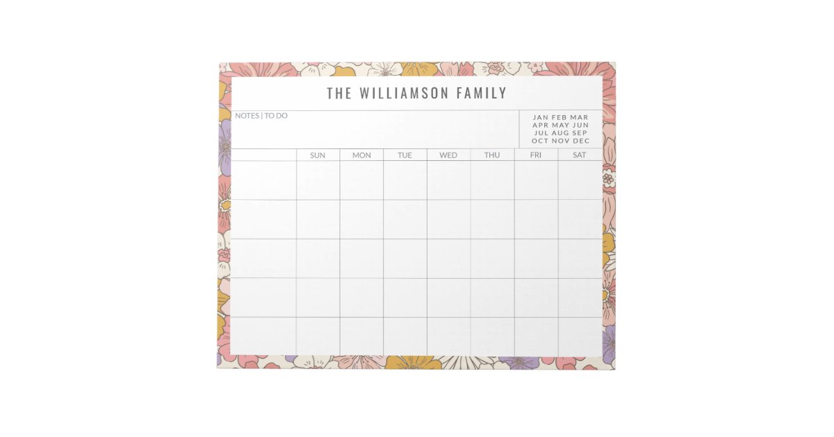 Cute Pink Floral Simple Family Planner Calendar Notepad | Zazzle