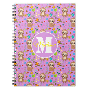 Cute Pink Floral Sloth Pattern Personalized Notebook
