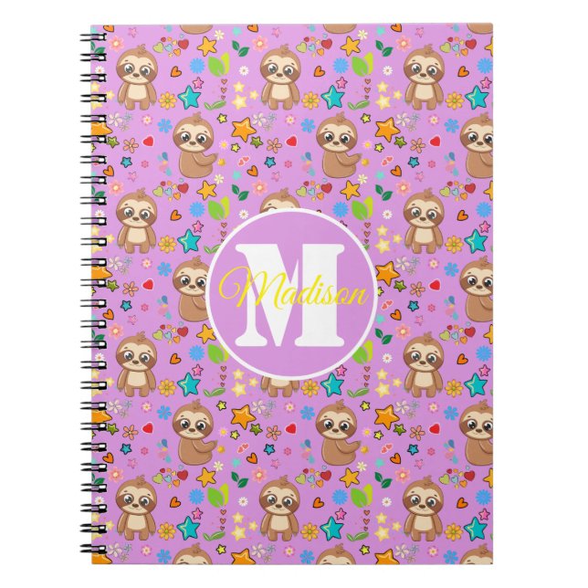 Cute Pink Floral Sloth Pattern Personalized Notebook (Front)