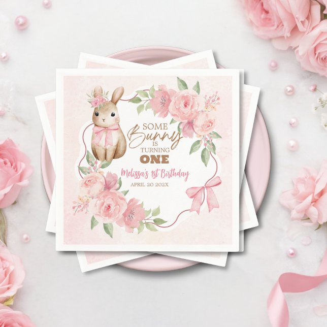 Cute Pink Floral Some Bunny Turning One Birthday  Napkins (Creator Uploaded)