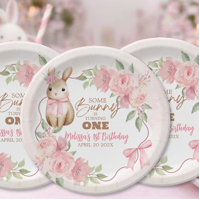 Cute Pink Floral Some Bunny Turning One Birthday  Paper Plates (Creator Uploaded)