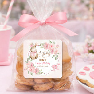Cute Pink Floral Some Bunny Turning One Birthday Square Sticker