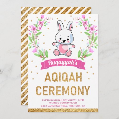 Cute Pink Floral Sweet Bunny Rabbit Aqiqah Invitation