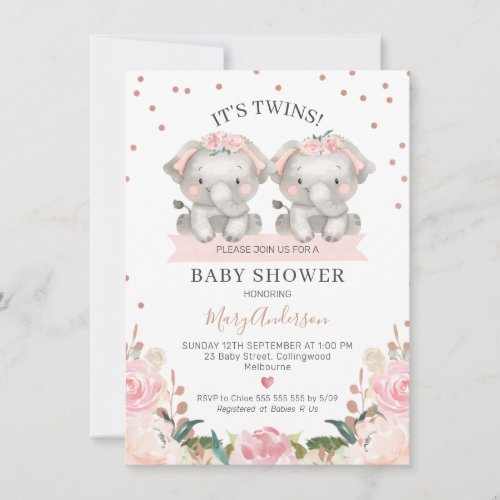 Cute Pink Floral Twin Girls Elephants Baby Shower Invitation