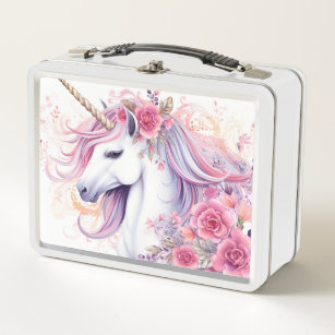 Cute Pink Floral Unicorn Metal Lunch Box