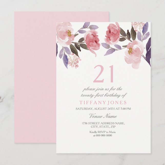 Cute Pink Floral Watercolor 21st Birthday Invite (Front/Back)