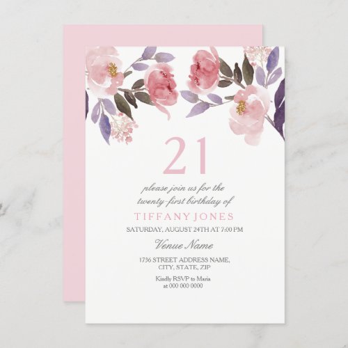 Cute Pink Floral Watercolor 21st Birthday Invite