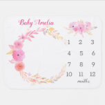 Cute Pink Floral Watercolor Month Milestone Baby Blanket at Zazzle