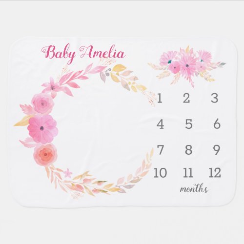 Cute Pink Floral Watercolor Month Milestone Baby Blanket