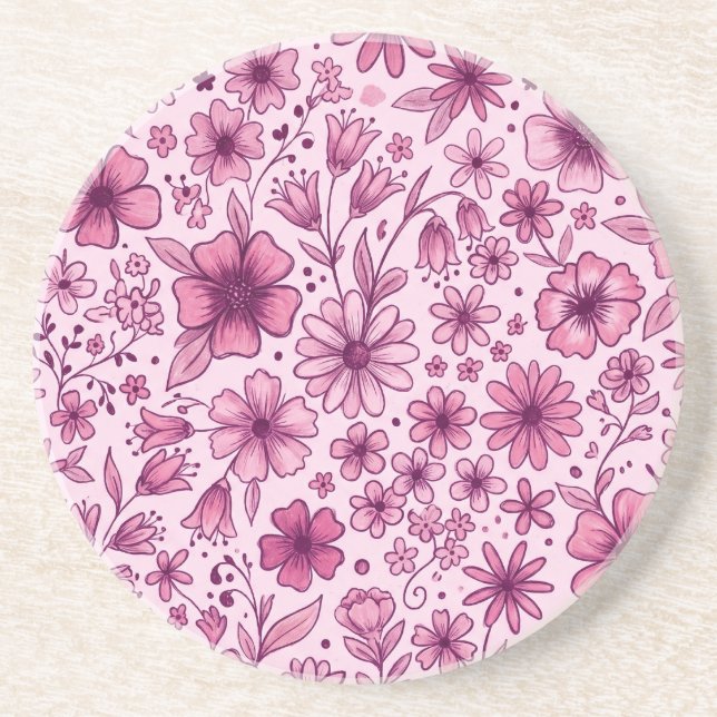 Cute Pink Floral Wild Flowers Coaster (Front)