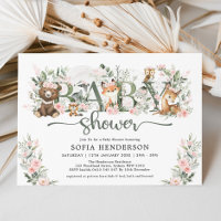 Cute Pink Floral Woodland Animals Girl Baby Shower