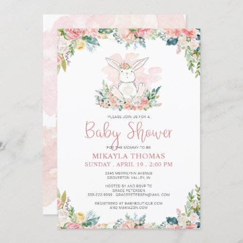 Cute Pink Floral Woodland Bunny Baby Shower