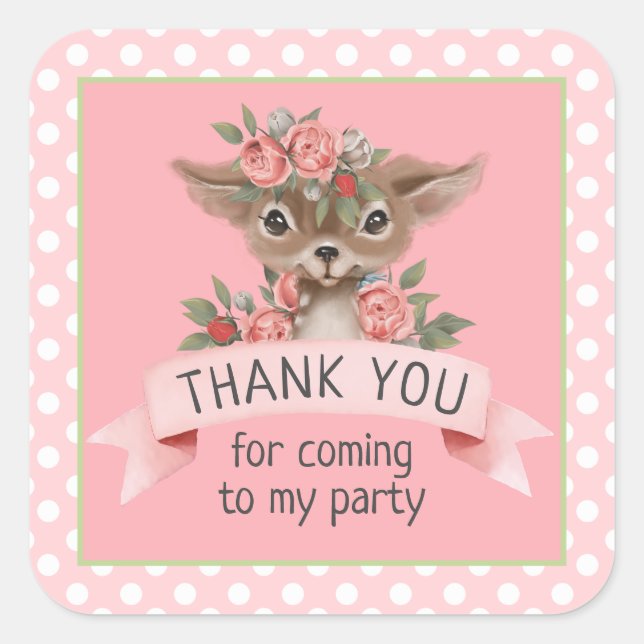 Cute Pink Floral Woodland Deer Thank You Favor Square Sticker (Front)