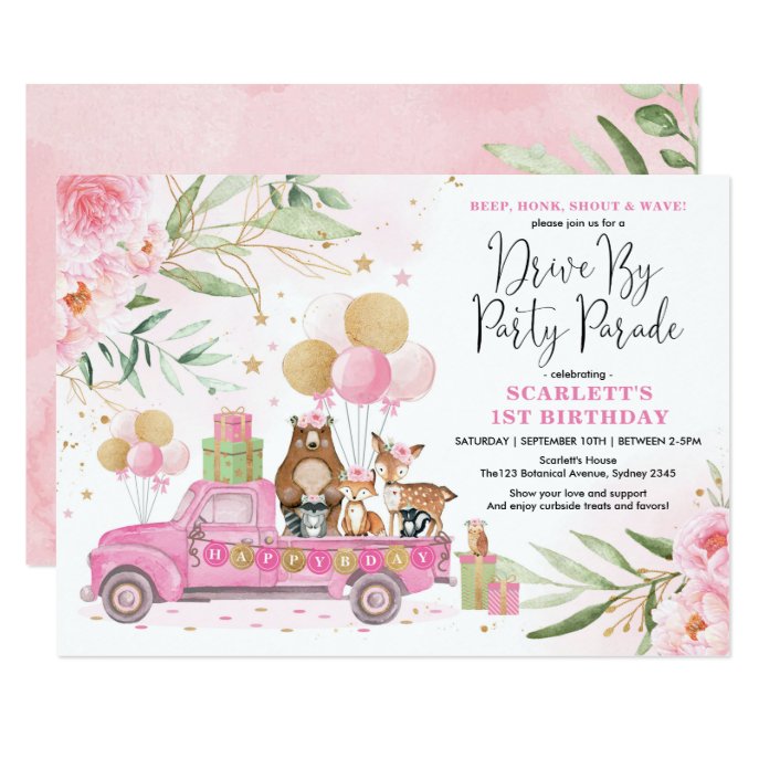 Cute Pink Floral Woodland Drive By Birthday Parade Invitation