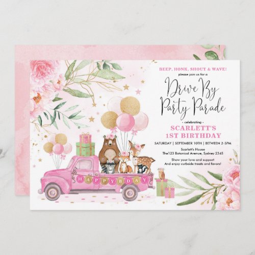 Cute Pink Floral Woodland Drive By Birthday Parade Invitation