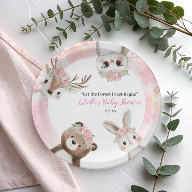 Cute Pink floral Woodland Girl Baby Shower   Paper Plates (Creator Uploaded)