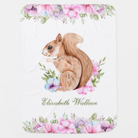 Cute Pink Floral Woodland Squirrel Baby Blanket