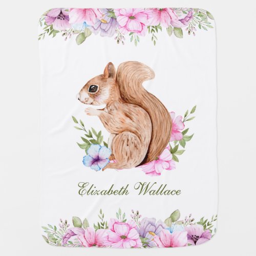 Cute Pink Floral Woodland Squirrel Baby Blanket