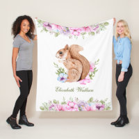 Cute Pink Floral Woodland Squirrel Fleece Blanket