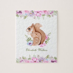 Cute Pink Floral Woodland Squirrel Name Jigsaw Puzzle