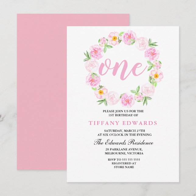 Cute Pink Floral Wreath 1st birthday Invitation (Front/Back)