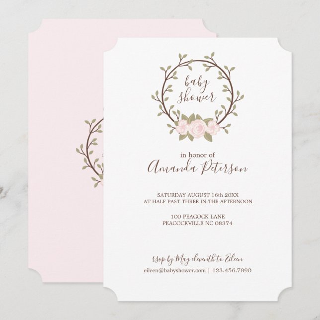 Cute Pink Floral Wreath Baby Shower Invitation (Front/Back)