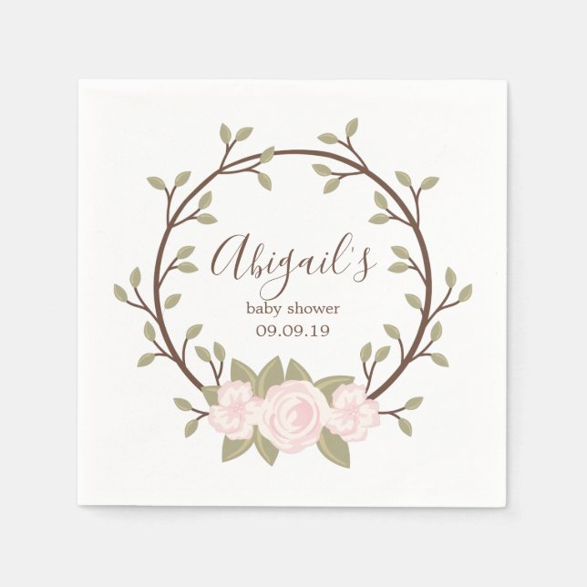 Cute Pink Floral Wreath Baby Shower Napkins (Front)