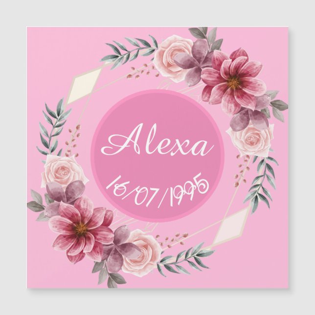 Cute Pink Floral Wreath Birthday Magnetic Card (Front)