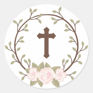 Cute Pink Floral Wreath Cross Baptism Christening Classic Round Sticker