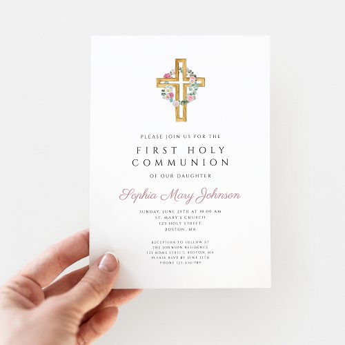Cute Pink Floral Wreath Cross First Communion Invitation