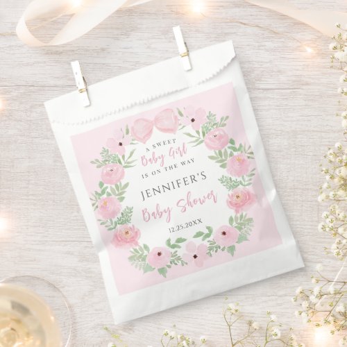 Cute pink floral wreath with bow baby girl shower favor bag