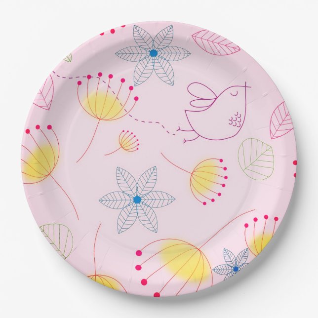 Cute pink flower and bird paper plate, plates (Front)