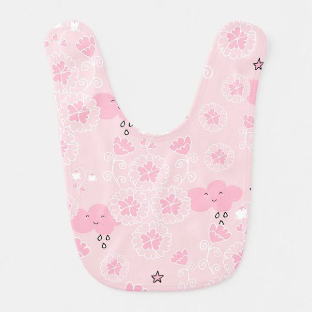 Cute Pink Flower and Rain Clouds | Baby Bib (Front)