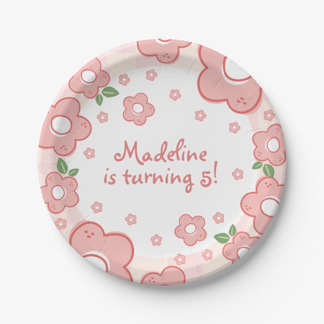 Cute Pink Flower Birthday Party Paper Plates (Front)