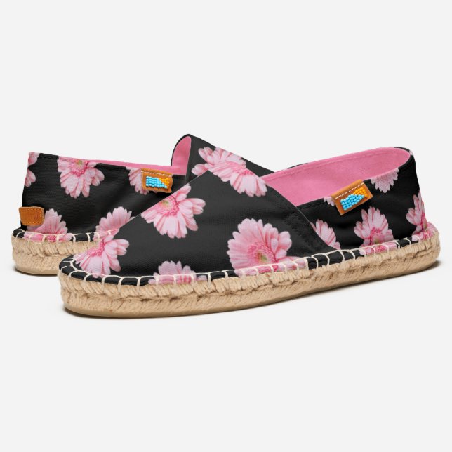 Cute PINK Flower Floral Pattern on BLACK Espadrilles (Angled)