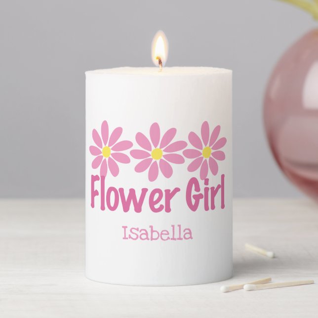 Cute Pink Flower Girl Daisy Personalized Gift Pillar Candle (In Situ)