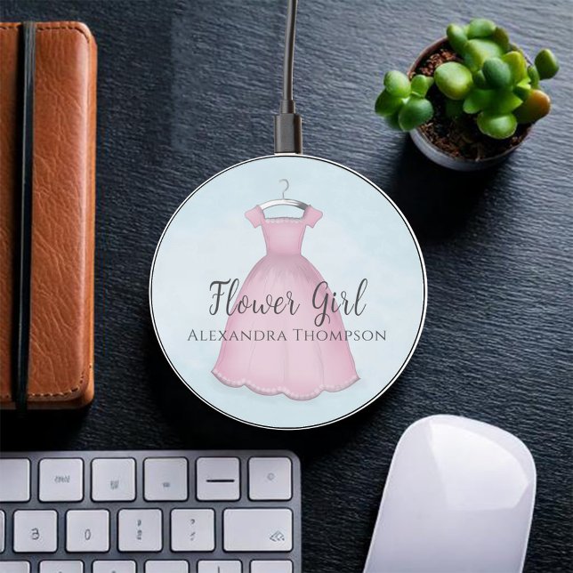 Cute Pink Flower Girl Personalized  Wireless Charger (Watercolor pink flower girl custom phone charger. )