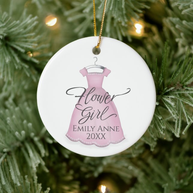 Cute Pink Flower Girl Whimsical Wedding Dress Ceramic Ornament (Tree)
