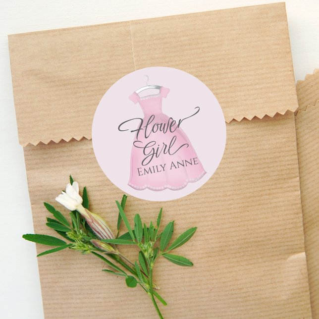 Cute Pink Flower Girl Whimsical Wedding Dress Classic Round Sticker (Creator Uploaded)