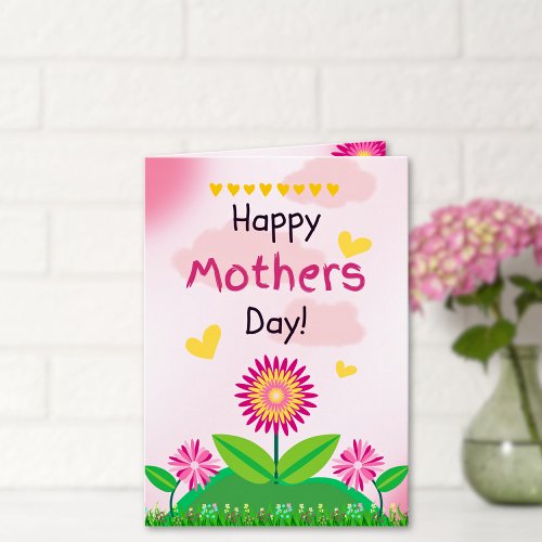Cute Pink Flower Heart Kids Mothers Day Custom Card