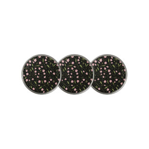 Cute, pink flower on black with repeating pattern golf ball marker
