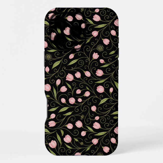Cute, pink flower on black with repeating pattern  iPhone case (Back)