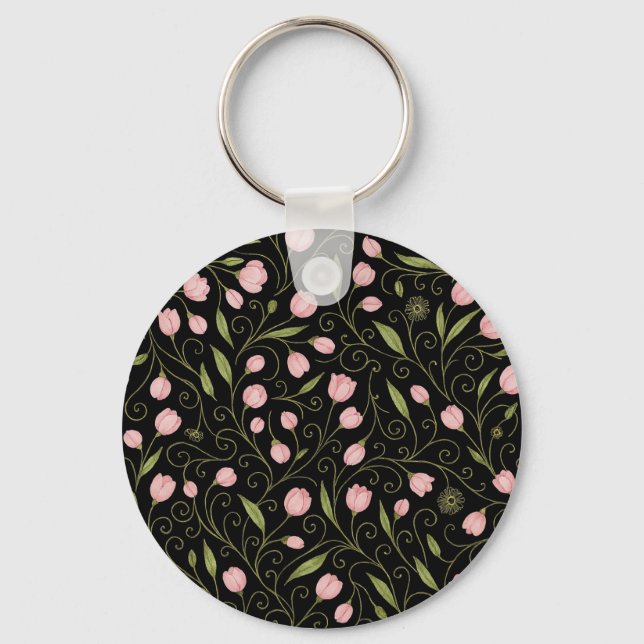 Cute, pink flower on black with repeating pattern  keychain (Front)