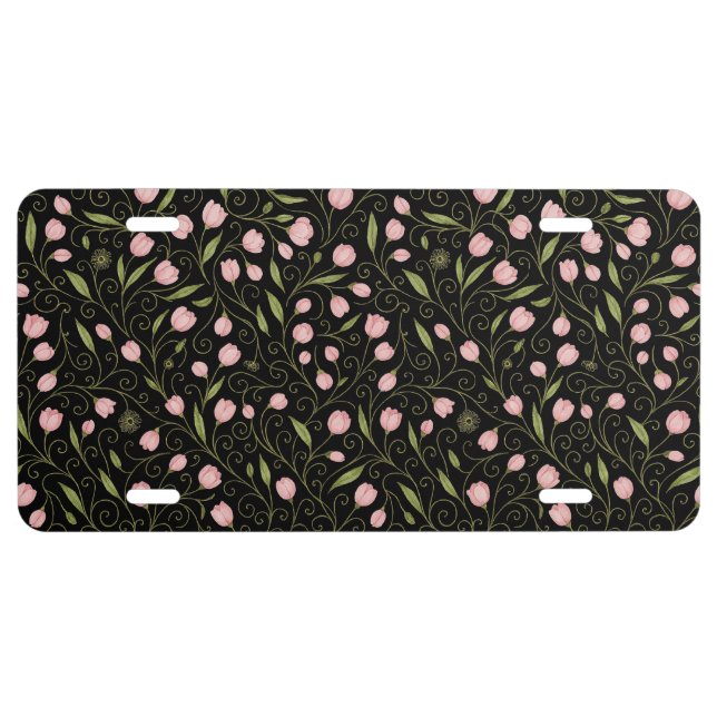 Cute, pink flower on black with repeating pattern  license plate (Front)