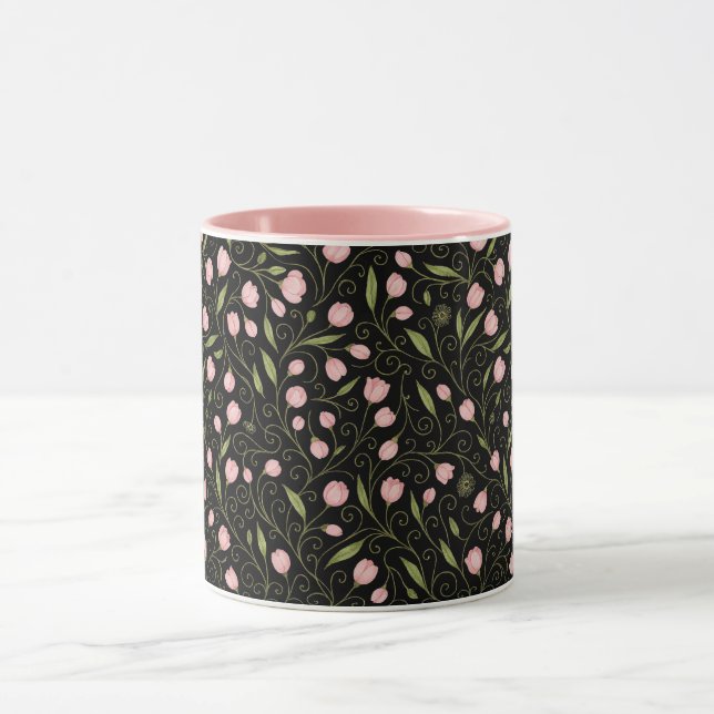 Cute, pink flower on black with repeating pattern  mug (Center)