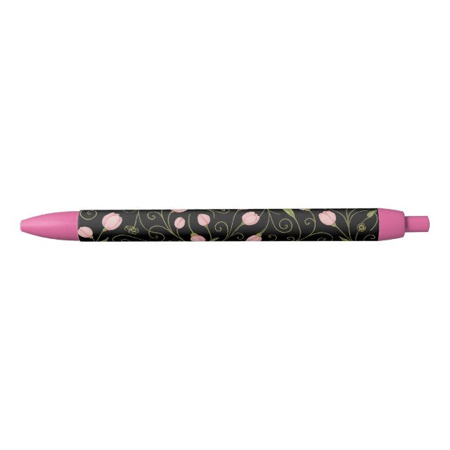 Cute, pink flower on black with repeating pattern  pen (Front)