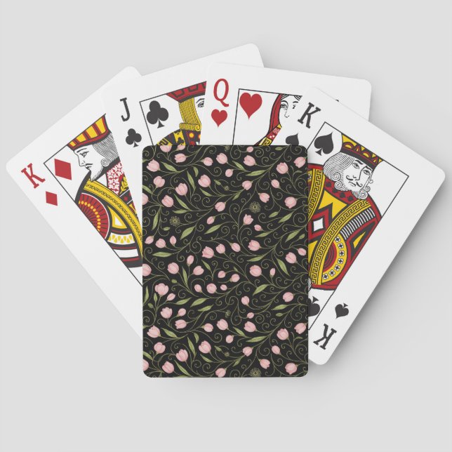 Cute, pink flower on black with repeating pattern  poker cards (Back)
