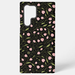 Cute, pink flower on black with repeating pattern samsung galaxy s22 ultra case