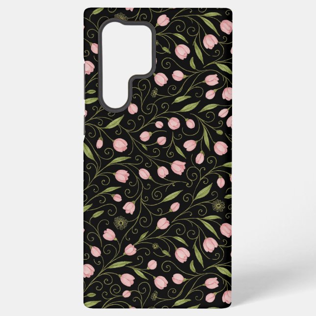 Cute, pink flower on black with repeating pattern  samsung galaxy case (Back)