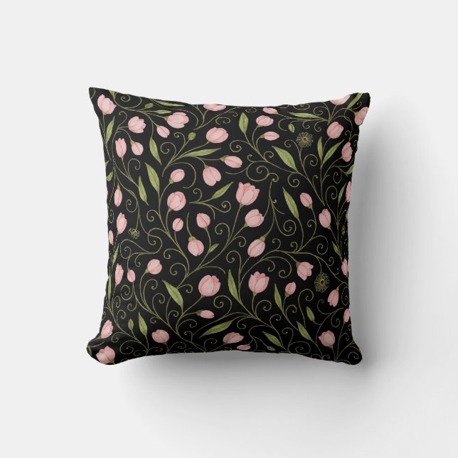 Cute, pink flower on black with repeating pattern  throw pillow (Front)